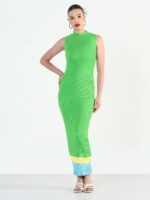 Colourblocked High Neck Ribbed Bodycon Maxi Dress - Image 3