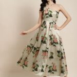 Beige & Peach-Coloured Floral One Shoulder Layered Maxi Dress