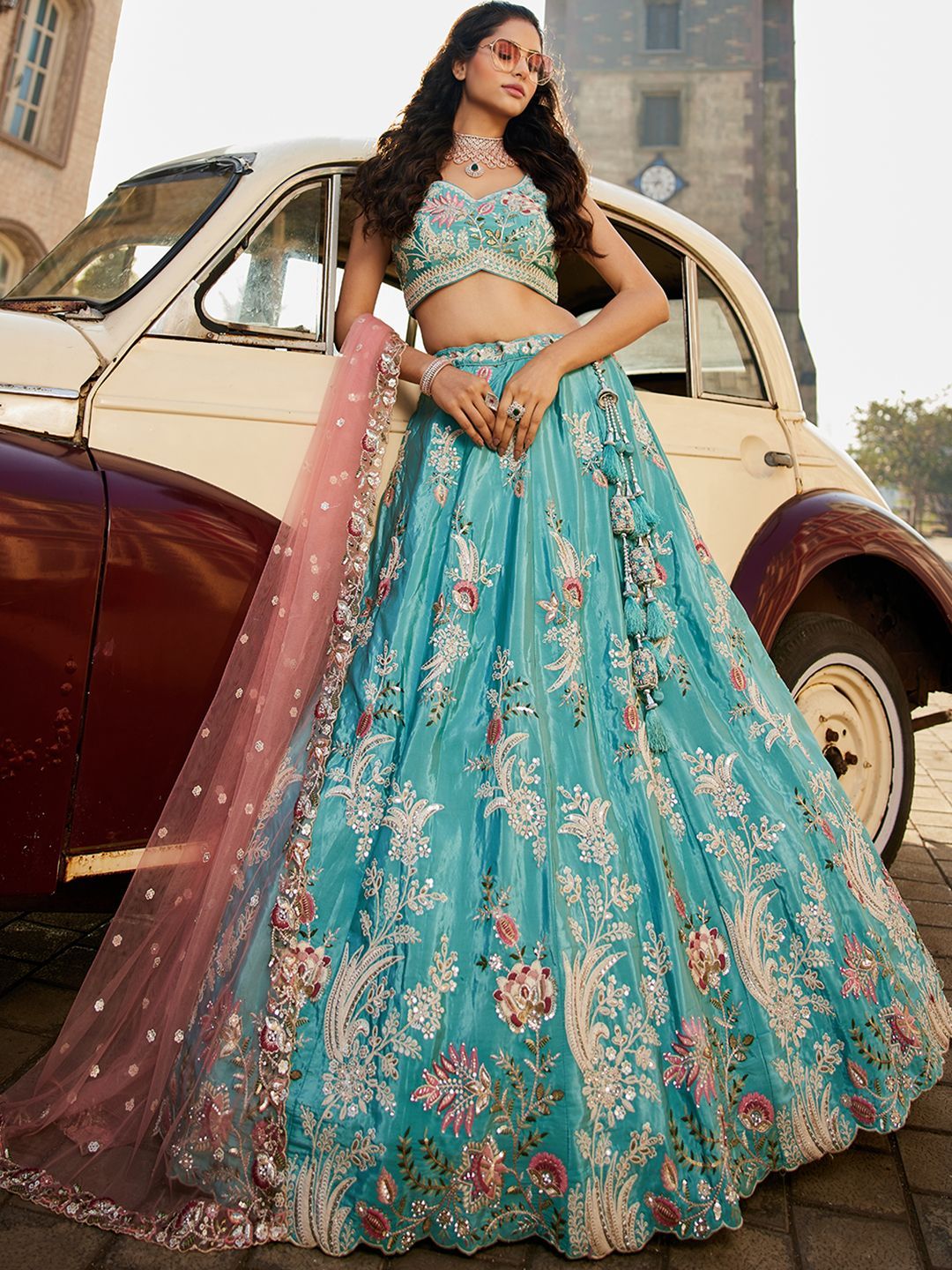 Ad60OUE5_527b63e8066a4d58a661b9f4e3558aec.jpg Embroidered Beads and Stones Semi-Stitched Lehenga & Unstitched Blouse With Dupatta - Image 1