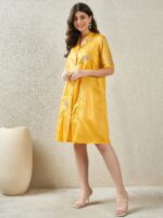 Women Floral Embroidered Cotton Shirt Collar Shirt Dress - Image 3