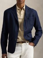 Herringbone Patterned Linen-Cotton Slim-Fit Tailored Blazer - Image 3