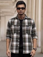 Men Spread Collar Tartan Checked Casual Shirt
