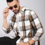 HERE&NOW Tartan Checks Spread Collar Long Sleeves Slim Fit Cotton Casual Shirt