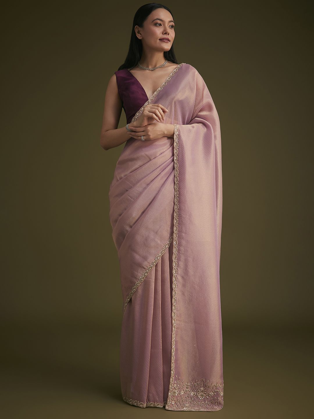 g8oVGFE7_2f99dd3452bf4289b2c75333feaf5d1f.jpg KALKI Fashion Striped Sequinned Tissue Saree With Contrast Blouse - Image 1