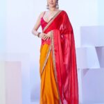 ODETTE Odette Mustard And Pink Satin Lace Work Saree With Unstitched Blouse For Women