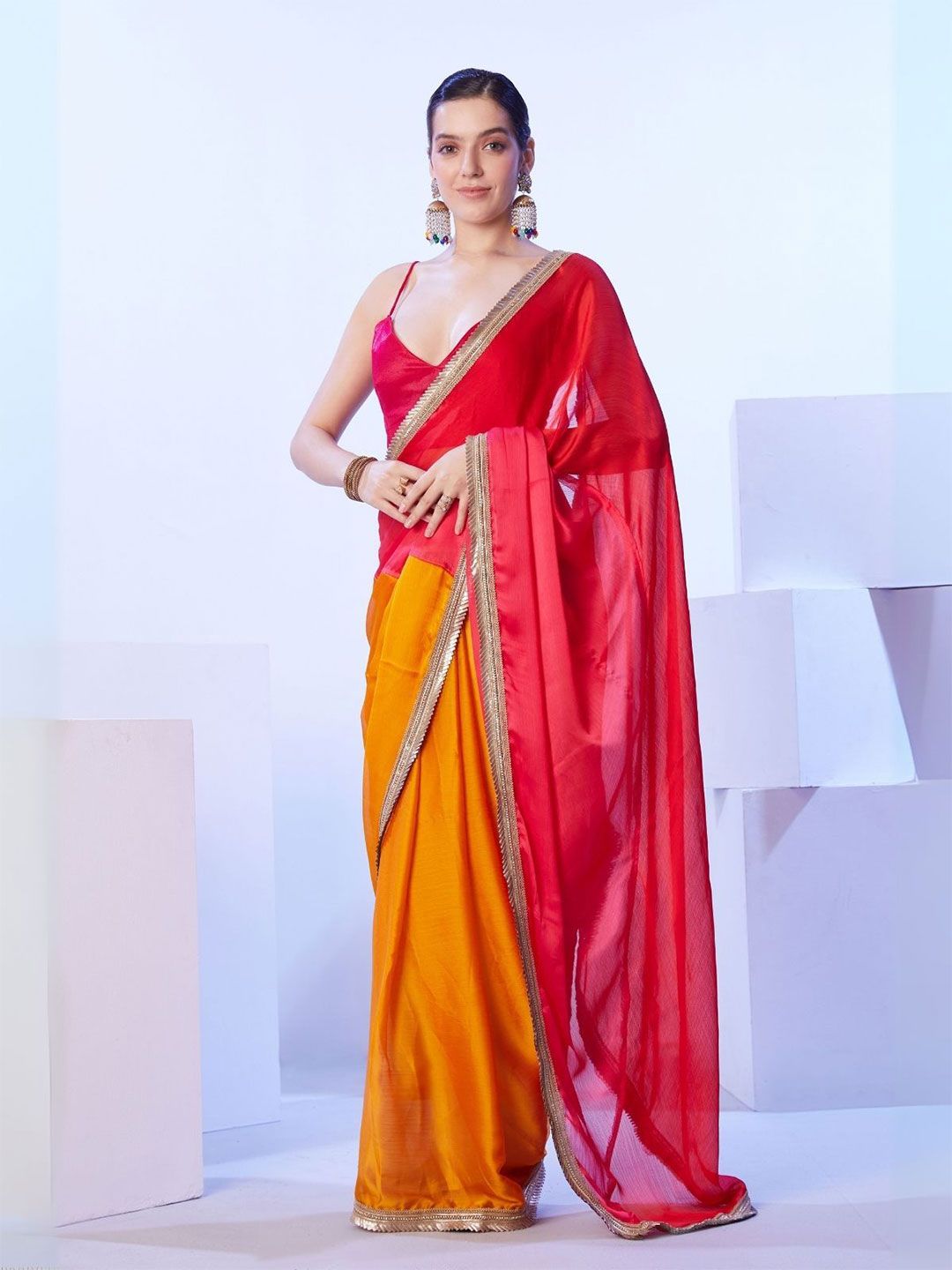 ita0JxxE_2166e53bae144a309db1903009ba21f5.jpg ODETTE Odette Mustard And Pink Satin Lace Work Saree With Unstitched Blouse For Women - Image 1
