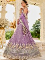 Purple Embroidered Sequinned Satin Silk Ready To Wear Lehenga & Choli With Dupatta - Image 3