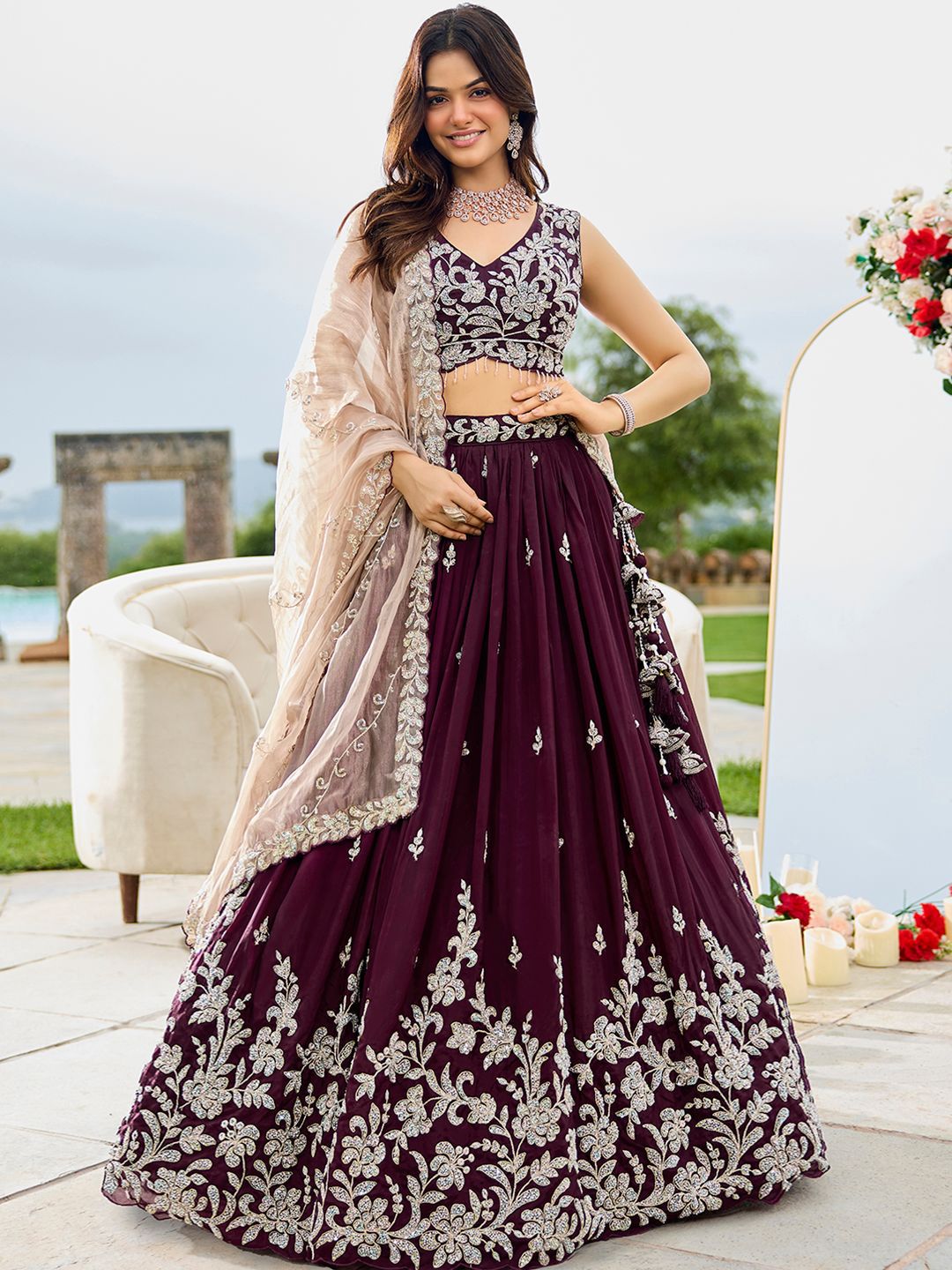 w4fQpghz_32630948690a406785139e0b1ab86275.jpg Wine Embroidered Satin Silk Beads & Stone Ready To Wear Lehenga Choli With Dupatta - Image 1
