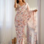 ODETTE Women Off White Chinon Printed Saree With Unstitched Blouse